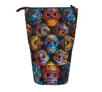 WPUTY Colorful Sugar Skulls Printed Pencil Case Standing Telescopic Pen Holder for Cosmetics Pouch Makeup Office Bag
