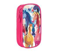 WPUTY Colourful Cartoon Horses Printed Large Capacity Pencil Case Pink Double-Layer Stationery Organizer, Cosmetic & Makeup Bag for Students, Teachers, Adults
