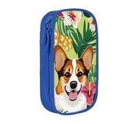 WPUTY Corgi Hawaiian Tropical Pineapple Printed Large Capacity Pencil Case Blue Double-Layer Stationery Organizer, Cosmetic & Makeup Bag for Students, Teachers, Adults