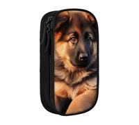WPUTY Cute German Shepherd Puppy Printed Large Capacity Pencil Case Black Double-Layer Stationery Organizer, Cosmetic & Makeup Bag for Students, Teachers, Adults
