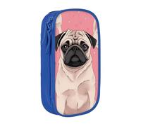 WPUTY Cute Pug Dog Printed Large Capacity Pencil Case Blue Double-Layer Stationery Organizer, Cosmetic & Makeup Bag for Students, Teachers, Adults