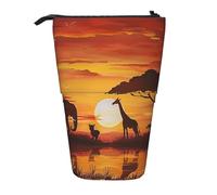 WPUTY Elephant and Giraffe in The Sunset Printed Pencil Case Standing Telescopic Pen Holder for Cosmetics Pouch Makeup Office Bag