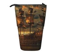 WPUTY Fantasy Pirate Ship Printed Pencil Case Standing Telescopic Pen Holder for Cosmetics Pouch Makeup Office Bag