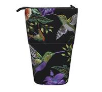 WPUTY Flower Hummingbirds Embroidery Printed Pencil Case Standing Telescopic Pen Holder for Cosmetics Pouch Makeup Office Bag