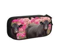 WPUTY Flower Show Steer Cows Cattle Printed Large Capacity Pencil Case Black Double-Layer Stationery Organizer Makeup Bag for School, Office, Travel