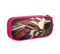 WPUTY Guitar British Flag Printed Large Capacity Pencil Case Pink Double-Layer Stationery Organizer Makeup Bag for School, Office, Travel