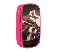 WPUTY Guitar British Flag Printed Large Capacity Pencil Case Pink Double-Layer Stationery Organizer, Cosmetic & Makeup Bag for Students, Teachers, Adults