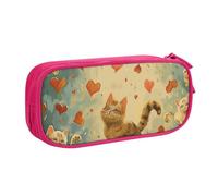 WPUTY Happy Walking Kitty Printed Large Capacity Pencil Case Pink Double-Layer Stationery Organizer Makeup Bag for School, Office, Travel