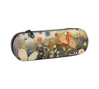 WPUTY Hard Shell PU Leather Pencil Case, Hen Flying Butterflies Among Flowers Prints Pencil Box Waterproof Pen Organizer for School, Travel, Cosmetics & Gifts