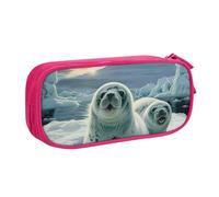 WPUTY Harp Seal Painting Wallpaper Printed Large Capacity Pencil Case Pink Double-Layer Stationery Organizer Makeup Bag for School, Office, Travel