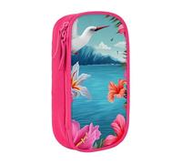 WPUTY Hawaii Hibiscus Flower Printed Large Capacity Pencil Case Pink Double-Layer Stationery Organizer, Cosmetic & Makeup Bag for Students, Teachers, Adults