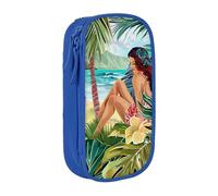 WPUTY Hawaiian Art Printed Large Capacity Pencil Case Blue Double-Layer Stationery Organizer, Cosmetic & Makeup Bag for Students, Teachers, Adults