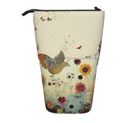 WPUTY Hen Flying Butterflies Among Flower Printed Pencil Case Standing Telescopic Pen Holder for Cosmetics Pouch Makeup Office Bag