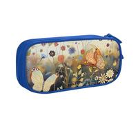 WPUTY Hen Flying Butterflies Among Flowers Printed Large Capacity Pencil Case Blue Double-Layer Stationery Organizer Makeup Bag for School, Office, Travel