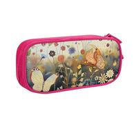 WPUTY Hen Flying Butterflies Among Flowers Printed Large Capacity Pencil Case Pink Double-Layer Stationery Organizer Makeup Bag for School, Office, Travel