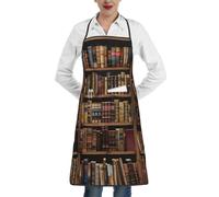 WPUTY Library Bookshelf Book Printed Kitchen Bib Apron with Pocket, Waterproof Adjustable Gardening Apron for Chef Men Women
