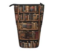 WPUTY Library Bookshelf Book Printed Pencil Case Standing Telescopic Pen Holder for Cosmetics Pouch Makeup Office Bag
