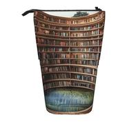 WPUTY Library Bookshelf Books Printed Pencil Case Standing Telescopic Pen Holder for Cosmetics Pouch Makeup Office Bag