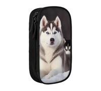 WPUTY Lovely Husky Printed Large Capacity Pencil Case Black Double-Layer Stationery Organizer, Cosmetic & Makeup Bag for Students, Teachers, Adults