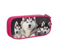 WPUTY Lovely Husky Printed Large Capacity Pencil Case Pink Double-Layer Stationery Organizer Makeup Bag for School, Office, Travel