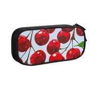 WPUTY Red Cherries Printed Large Capacity Pencil Case Black Double-Layer Stationery Organizer Makeup Bag for School, Office, Travel