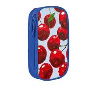 WPUTY Red Cherries Printed Large Capacity Pencil Case Blue Double-Layer Stationery Organizer, Cosmetic & Makeup Bag for Students, Teachers, Adults