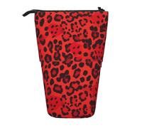 WPUTY Red Leopard Pattern Printed Pencil Case Standing Telescopic Pen Holder for Cosmetics Pouch Makeup Office Bag
