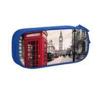 WPUTY Red Phone Booth London Street Printed Large Capacity Pencil Case Blue Double-Layer Stationery Organizer Makeup Bag for School, Office, Travel