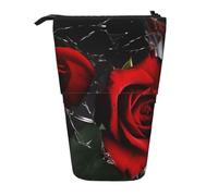 WPUTY Red Rose Printed Pencil Case Standing Telescopic Pen Holder for Cosmetics Pouch Makeup Office Bag