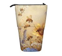 WPUTY Rural Honey Bees Wildflowers Printed Pencil Case Standing Telescopic Pen Holder for Cosmetics Pouch Makeup Office Bag
