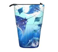 WPUTY Sea Animals Stingrays Printed Pencil Case Standing Telescopic Pen Holder for Cosmetics Pouch Makeup Office Bag