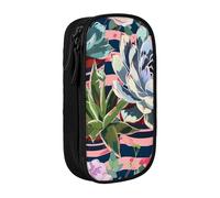 WPUTY Striped Succulents Printed Large Capacity Pencil Case Black Double-Layer Stationery Organizer, Cosmetic & Makeup Bag for Students, Teachers, Adults