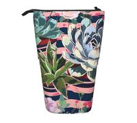 WPUTY Striped Succulents Printed Pencil Case Standing Telescopic Pen Holder for Cosmetics Pouch Makeup Office Bag