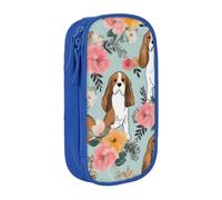 WPUTY Sweet Basset Hound Florals Printed Large Capacity Pencil Case Blue Double-Layer Stationery Organizer, Cosmetic & Makeup Bag for Students, Teachers, Adults