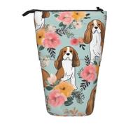 WPUTY Sweet Basset Hound Florals Printed Pencil Case Standing Telescopic Pen Holder for Cosmetics Pouch Makeup Office Bag