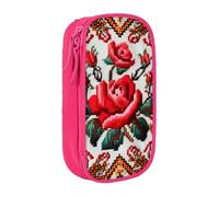 WPUTY Ukrainian Embroidery Style Rose Printed Large Capacity Pencil Case Pink Double-Layer Stationery Organizer, Cosmetic & Makeup Bag for Students, Teachers, Adults