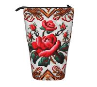 WPUTY Ukrainian Embroidery Style Rose Printed Pencil Case Standing Telescopic Pen Holder for Cosmetics Pouch Makeup Office Bag