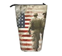 WPUTY US Military Soldiers Patriotic Memorial Day Printed Pencil Case Standing Telescopic Pen Holder for Cosmetics Pouch Makeup Office Bag