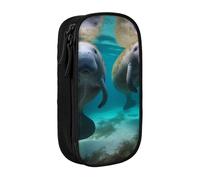 WPUTY West Indian Manatees Printed Large Capacity Pencil Case Black Double-Layer Stationery Organizer, Cosmetic & Makeup Bag for Students, Teachers, Adults