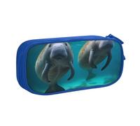 WPUTY West Indian Manatees Printed Large Capacity Pencil Case Blue Double-Layer Stationery Organizer Makeup Bag for School, Office, Travel