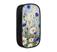 WPUTY Wild Flowers and Cornflowers Daisies Art Printed Large Capacity Pencil Case Black Double-Layer Stationery Organizer, Cosmetic & Makeup Bag for Students, Teachers, Adults