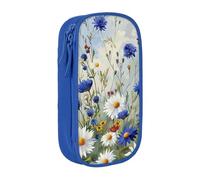 WPUTY Wild Flowers and Cornflowers Daisies Art Printed Large Capacity Pencil Case Blue Double-Layer Stationery Organizer, Cosmetic & Makeup Bag for Students, Teachers, Adults