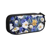WPUTY Wild Flowers and Cornflowers Daisies Printed Large Capacity Pencil Case Black Double-Layer Stationery Organizer Makeup Bag for School, Office, Travel