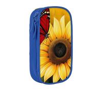 WPUTY Yellow Sunflowers with Red Butterfly Printed Large Capacity Pencil Case Blue Double-Layer Stationery Organizer, Cosmetic & Makeup Bag for Students, Teachers, Adults