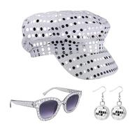 Wqafe 3Pcs 70s Sequin Hat Abba accessories Women Disco Accessories with Sequins Hat Sunglasses Earrings Disco Costume Set Fancy for Women Theme Party Birthday Dance (Sliver)