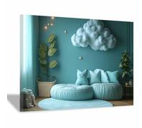 WQBQKKX Blue Cloud Star Canvas Wall Art, Cute Cartoon Sky flowers Print, Soft Pastel Boho for Bedroom Playroom Living Room B9(B9)-70x100cm Framed