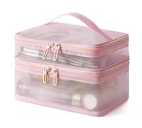 WQCMH Travel 2 Layers Cosmetic Organizer Bag Transparent Folding Mesh Zipper Storage Pouch Large Capacity Makeup Wash Kit Bag(Pink)