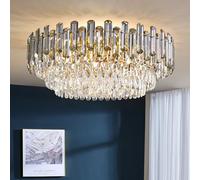 WQHPLMD 20 INCH Ceiling Light Fixture Flush Mount Gold Crystal Lamp 8 Light 5-Tier Industrial Black Smoke Grey Crystal Ceiling Light for Living Room Dining Room Bedroom Hall Foyer