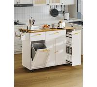 WQHPLMD 55" Kitchen Island with Storage, Island Table for Kitchen with Drawers, Flip-Top Trash Can and Pull-Out Cabinet, Side Tissue Holder and Hooks, Rolling Carts with 5 Wheels for Dining, White