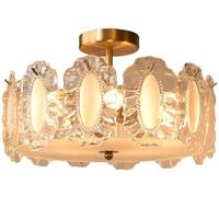 WQHPLMD Glass Fluted Drum Semi Flush Mount Ceiling Light With Pearl Beaded Gold Large Bedroom Close To Ceiling Light Fixtures Nordic Ceiling Lighting For Dining Room Kitchen Living Room Foyer En